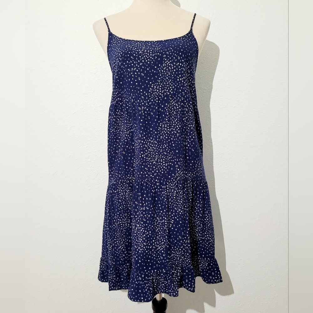 Pink Rose Navy Blue Floral Ruffle Hem Mini Dress Size Medium Boho Summer Tank - Picture 2 of 11